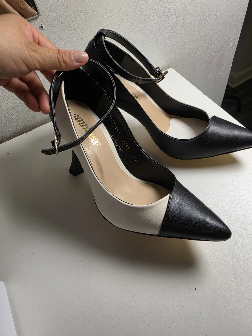 ANDREA FENZI Black and White Pointed Ankle-Strap Wedges
